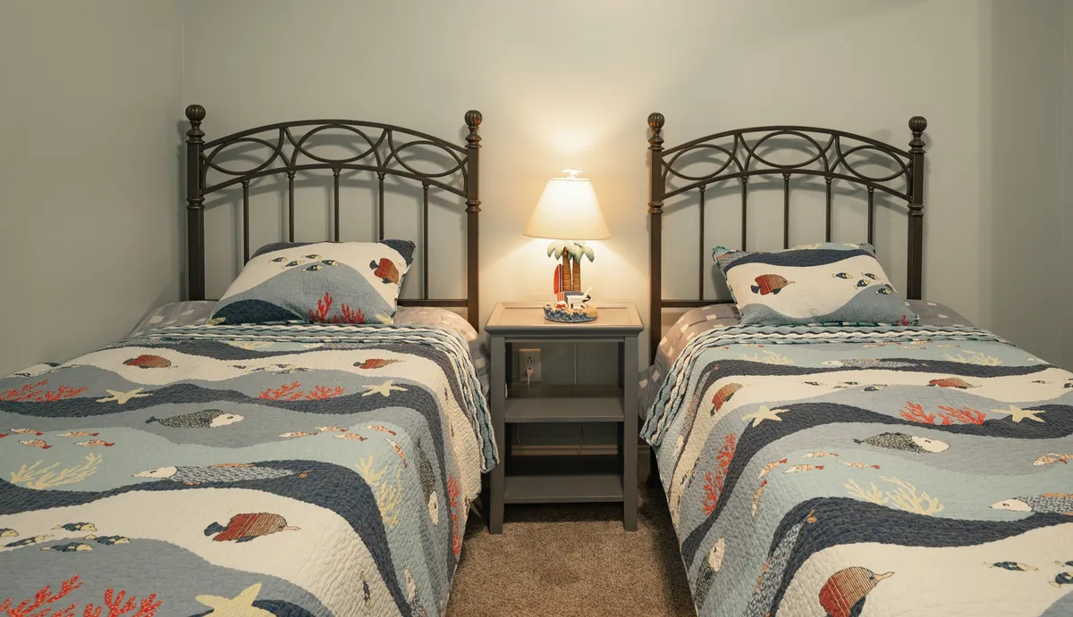 A tranquil guest room set with two twin beds topped by decorative quilts, complemented by a nightstand and lamp between the beds. The setup is inviting, with soft lighting and a relaxing mood.